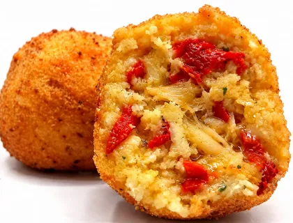 Arancino Baccalà e Peperoni tagliato a metà, riso dorato con baccalà e peperoni arrosto, accanto a un arancino intero