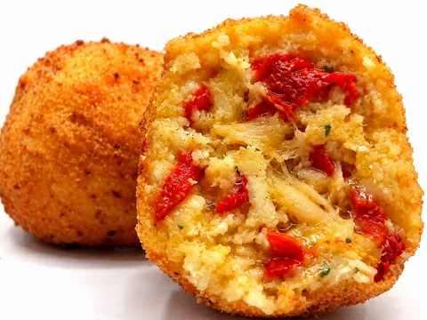 Arancino Baccalà e Peperoni tagliato a metà, riso dorato con baccalà e peperoni arrosto, accanto a un arancino intero