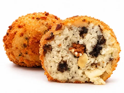 Arancino Tartufo, Pecorino e Noci tagliato a metà, riso chiaro con tartufo e noci, accanto a un arancino intero
