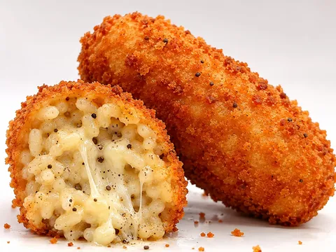 Supplì cacio e pepe tagliato a metà, riso cremoso con formaggio filante e pepe nero, accanto a un supplì intero dorato